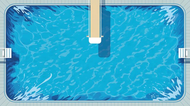 Blue ripped water in swimming pool and diving board, top view. Big outdoor pool with board for jumping into water, flat lay view. Vector template for events, posters, cover 