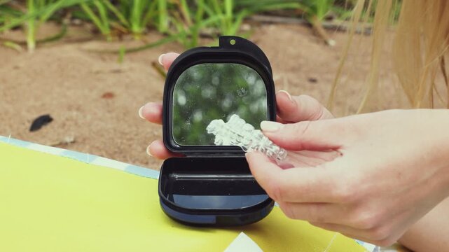 Clear dental aligners stored in modern black case on sandy beach during vacation, combining orthodontic care with travel, summer relaxation, dental hygiene and convenient portable treatment
