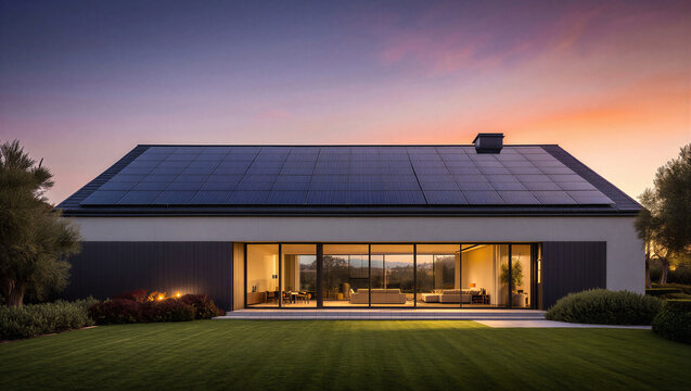 Modern luxury villa with rooftop solar panels at golden sunset architecture sustainability