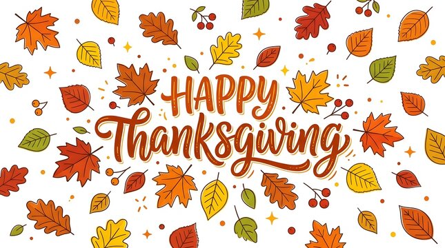 Happy Thanksgiving handwritten calligraphy greeting with autumn leaves and festive fall decor elements