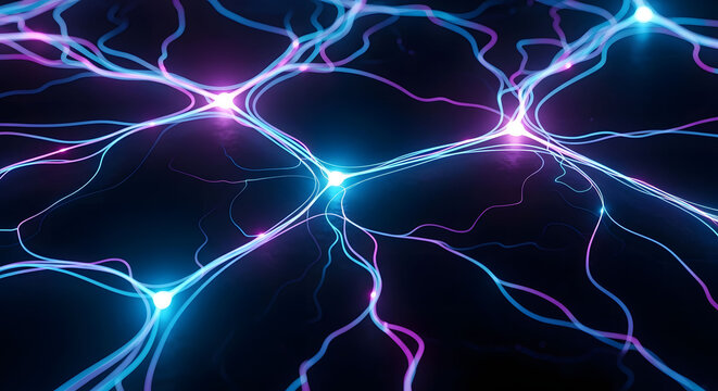 Vibrant neon neural network connections with glowing blue and purple light path trajectories