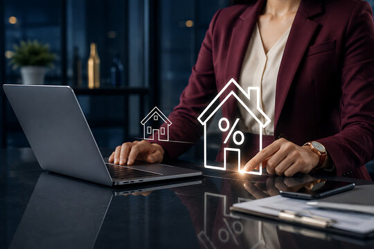 Businesswoman touching digital house percentage icon at office desk with laptop and documents representing mortgage calculation real estate financing interest rates analysis