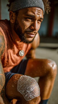 Tired Warrior: Athlete with Bandaged Knee and Sweat