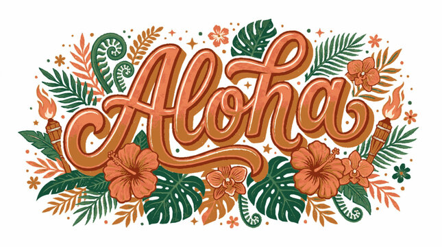 Tropical aloha typography design with hand drawn hibiscus flowers and lush green foliage elements for summer theme decoration