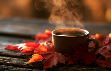 Warm coffee and autumn foliage on an aged wood backdrop