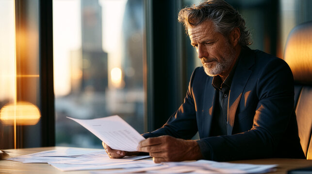 A confident senior business executive sitting alone in a luxurious modern office, carefully reviewing printed financial reports spread across a large natural oak desk