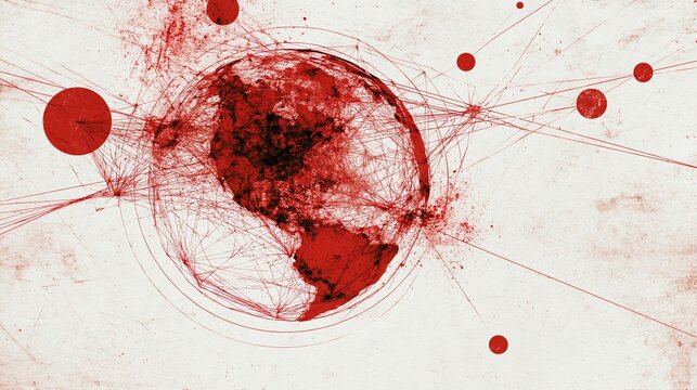 Stylized red globe illustration featuring complex interconnected network lines and digital nodes on a textured white paper art background surface