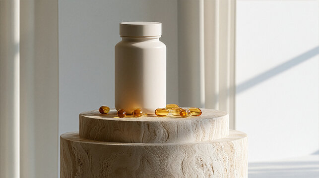 A luxury commercial product photograph of an elegant unbranded premium dietary supplement bottle with a smooth matte white finish, positioned on a sculptural natural travertine pedestal