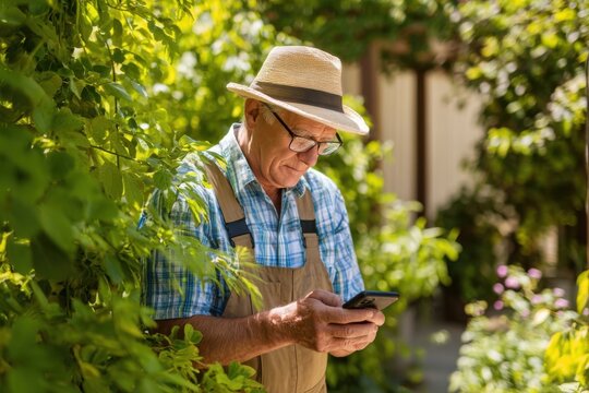 Older gardener filming practical planting advice on a smartphone, surrounded by thriving greenery