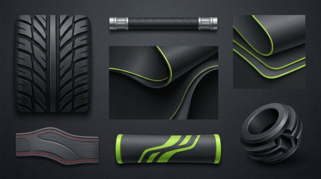 Collection of modern tire and rubber product designs.