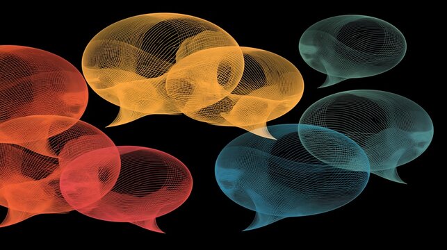 Vibrant speech bubbles rendered with intricate wireframe patterns displaying various warm and cool colors in a modern digital graphic style