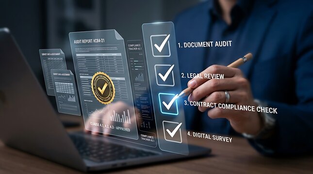 Businessman auditing digital contract with holographic checklist and compliance verification