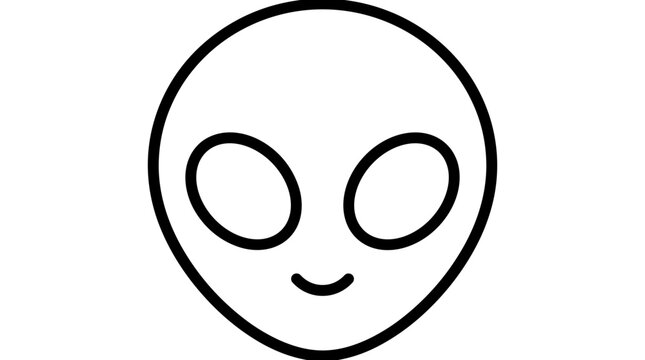 Friendly alien face outline illustration with large oval eyes and a small curved mouth, isolated on a white background.