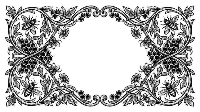 Vintage engraved honey label frame with bees honeycomb and wildflowers on transparent background