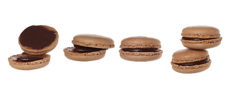 cookies with filling and coconut cream, set baked product flying, isolated on white background, clipping path