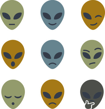 Nine flat design alien head icons showing different emotions, isolated on white background