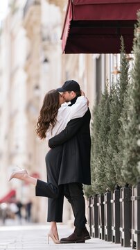 Stylish couple embracing and kissing on a city street, showing romance, affection, and happiness outdoors