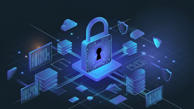 Secure server platform with cybersecurity padlock icon, idea for cloud security, data protection, network privacy, encryption and digital infrastructure  