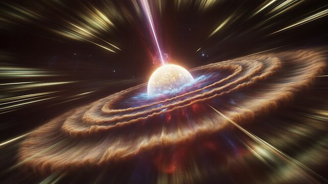Supernova explosion in deep space. Epic stellar explosion bursts through endless space. Massive shockwave radiates glowing energy shell. Flight to the stars at the speed of light. Big bang.