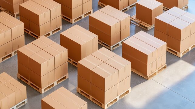Overhead view of neatly organized cardboard boxes on wooden pallets in warehouse