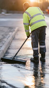 Road worker spreading asphalt sealant on a paved surface during sunset, focusing on infrastructure maintenance