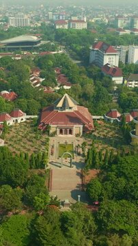 Aerial Yogyakarta cityscape around iconic Tugu landmark district