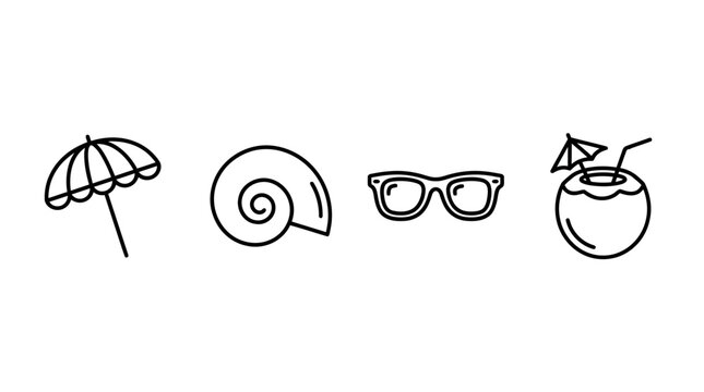 Summer vacation and tropical beach linear icons.