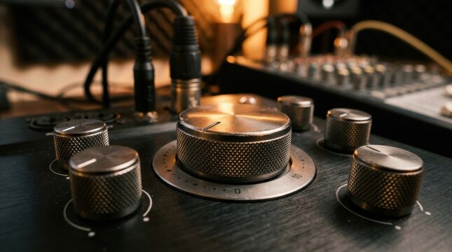 Closeup of brushed metal audio mixer knobs and control dial on a dark sound board, lit by warm studio light, with blurred cables and equipment in the background for music production setup