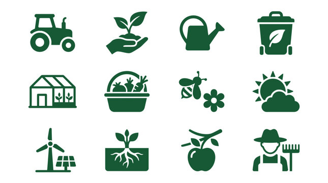 Sustainable agriculture and farming flat icons collection.