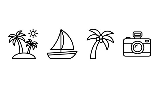 Summer vacation and tropical beach travel outline icons.