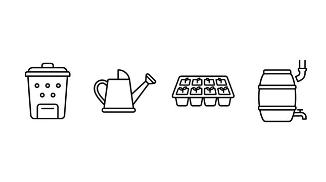 Sustainable gardening and organic composting line icons.