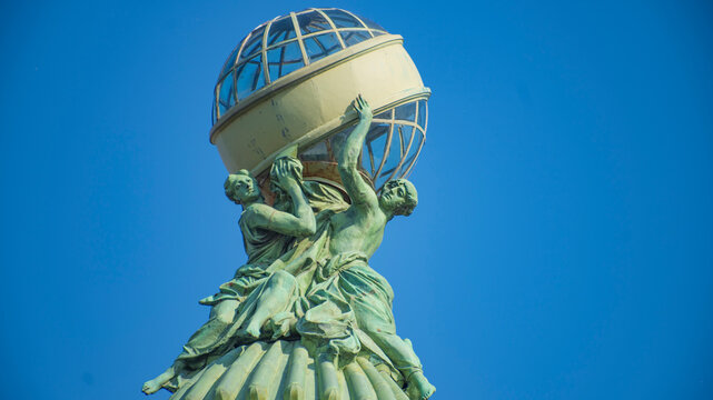 Iconic Singer House glass globe sculpture with blue sky copy space in Saint Petersburg