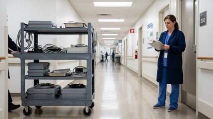 Fototapeta premium Equipment cart wheeled past a biomedical supervisor conducting a routine hallway inspection