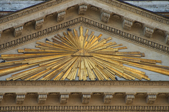 Symmetrical Eye of Providence symbol on Kazan Cathedral pediment with copy space