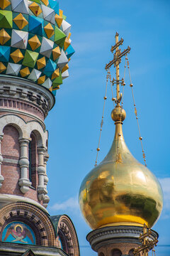 Colorful Church of the Savior on Blood domes with blue sky copy space