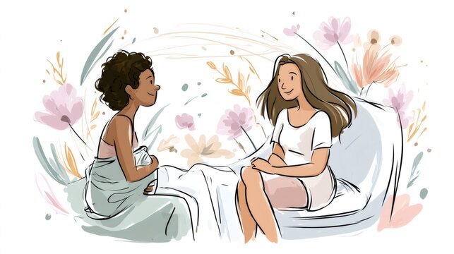 Diverse women friends talking in a bed surrounded by flowers