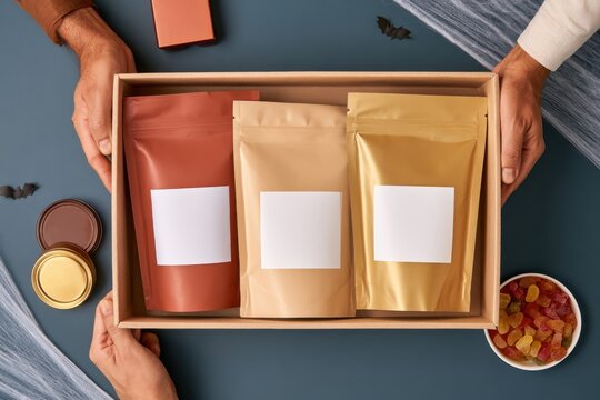 Overhead flat lay of hands holding box filled with Halloween treat pouches and candy bowl on dark background