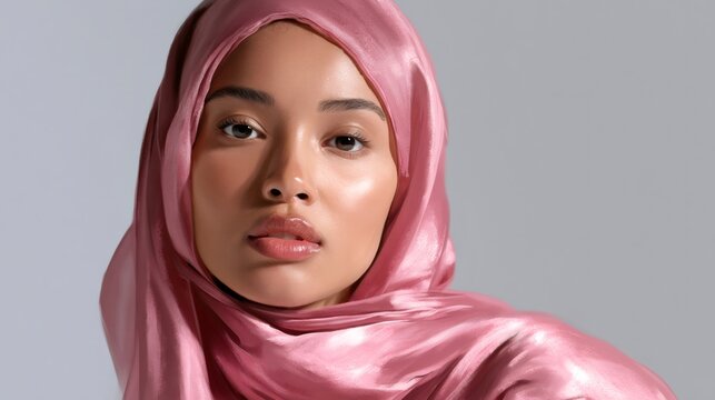 Woman wearing pink satin hijab looking at camera