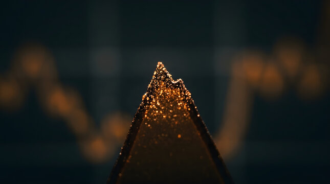 Golden sugar pyramid on dark chocolate dessert close-up with rich texture and indulgent shine