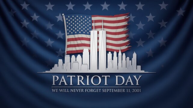Patriot Day memorial graphic with American flag and silhouette of New York city skyline honoring the memory of September 11 2001 Remembrance Day