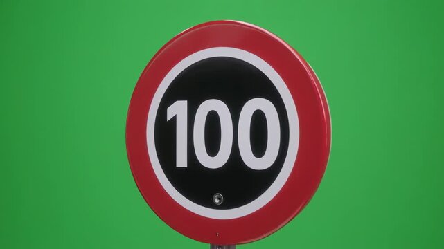 Speed limit 100 sign on green screen with subtle zoom and focus pull