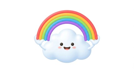 Fototapeta premium Smiling fluffy cloud with a vibrant rainbow arcing overhead in a cheerful weather scene.