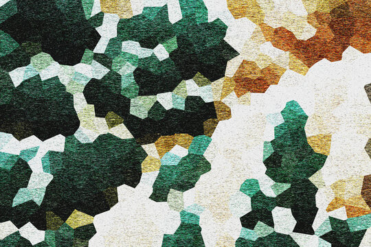 Abstract mosaic pattern with textured green dark shapes and gold copper details