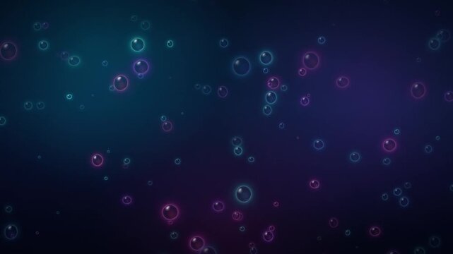 Dark moody background with glowing cyan and magenta neon orbs seamless loop. Futuristic neon soap bubbles floating on a dark blue and purple gradient background.