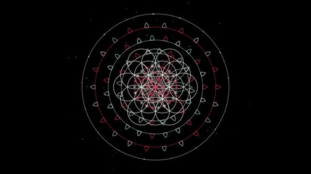 Intricate geometric patterns form a mandalalike design with glowing lines and dots on a dark background