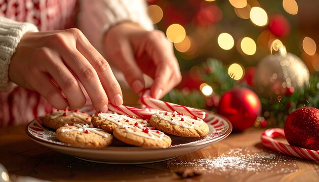 Hands decorating Christmas cookies with festive icing and sprinkles.