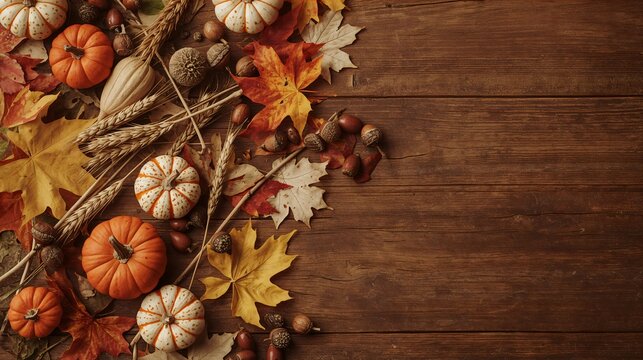Autumn leaves and pumpkins on rustic wooden background