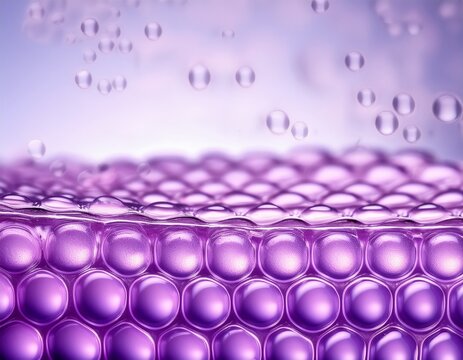 macro view of purple cellular skin barrier absorbing moisture bubbles for dermatology design