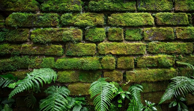 moss brick wall green nature texture outdoor lush moss old brick wall with fern and plant growth shaded garden calm natural