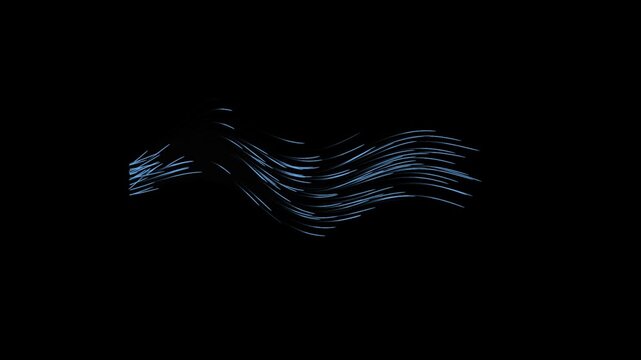 This abstract animation features glowing blue light particles moving across a dark background in smooth flowing trails. The digital motion graphic shows elegant streaks of energy creating a wave patte